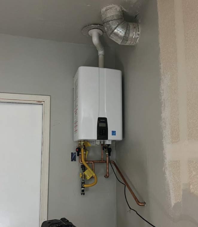 a new water heater replacement on a high-efficiency Bradford White unit in a Sacramento home.